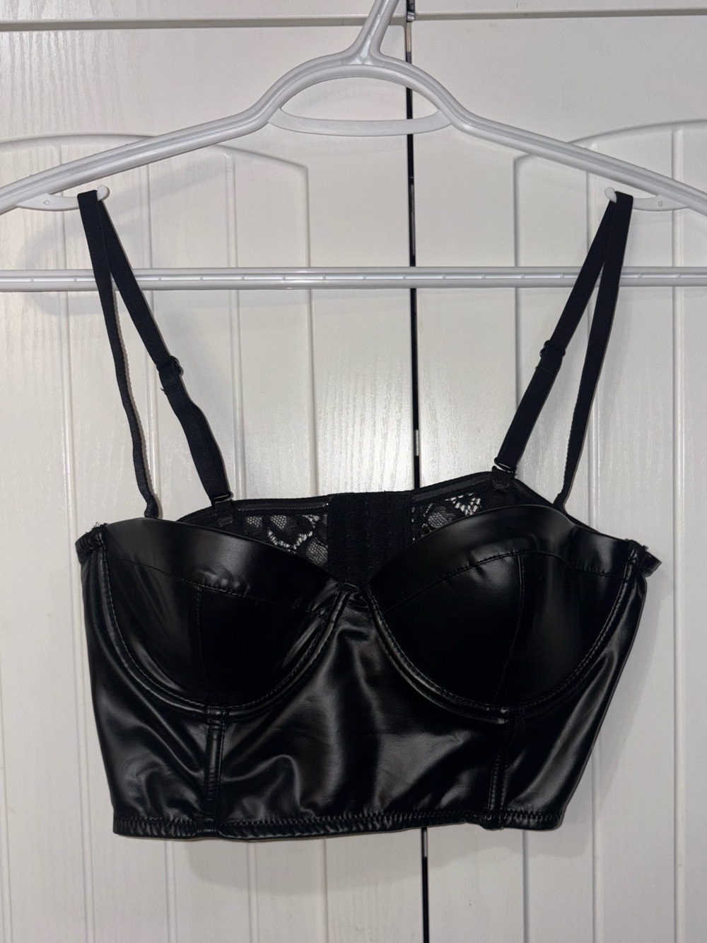 Black Faux Leather Bustier Crop Top with Lace Back